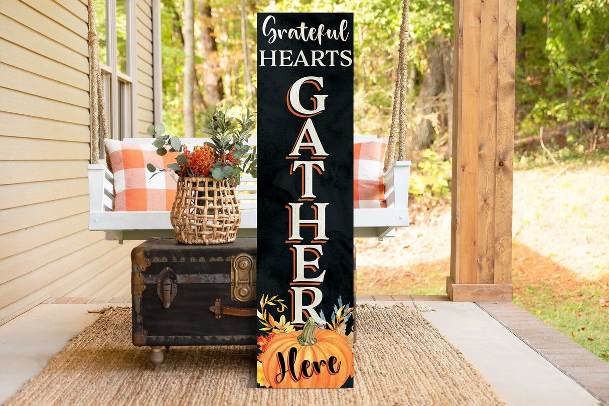 36in "Grateful Hearts Gather Here" Fall Porch Sign - Rustic Wooden Decor for Front Door Display during Autumn Celebrations
