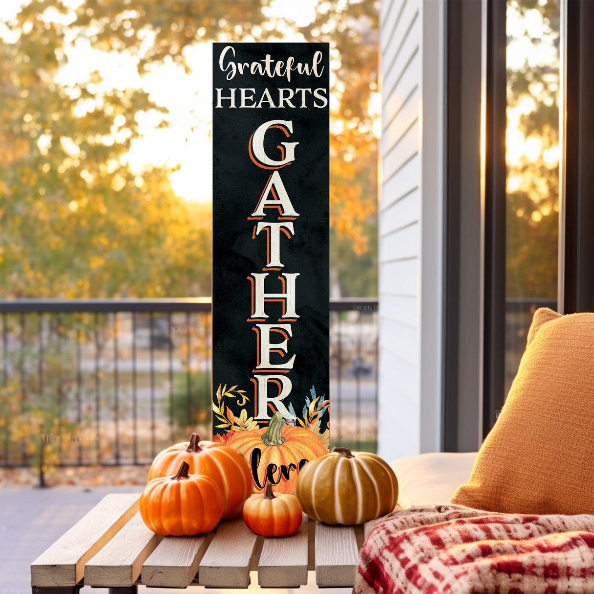 36in "Grateful Hearts Gather Here" Fall Porch Sign - Rustic Wooden Decor for Front Door Display during Autumn Celebrations