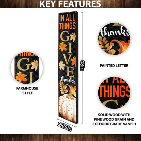 48in In All Things Give Thanks Porch Sign - Front Porch Fall Welcome Sign with Vintage Autumn Decoration, Farmhouse Entryway Porch Decor