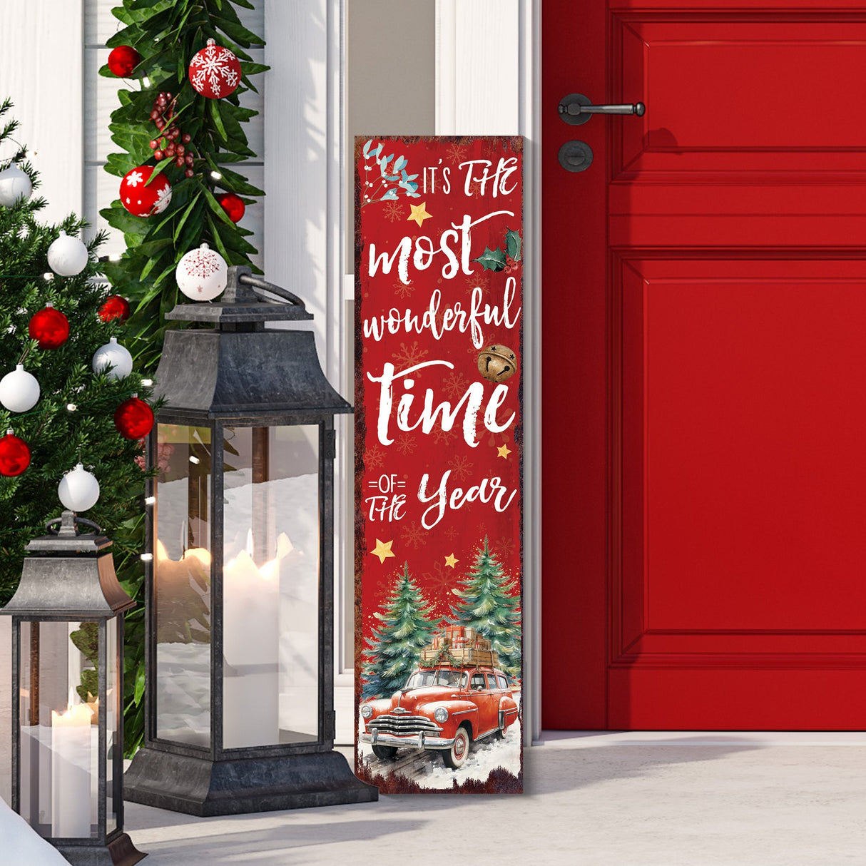 36in It's the Most Wonderful Time of the Year Christmas Porch Sign - Front Porch Christmas Welcome Sign, Modern Farmhouse Entryway Board