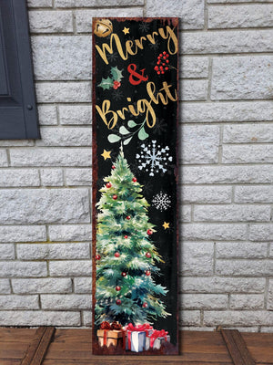 36in Merry & Bright Christmas Porch Sign - Front Porch Christmas Welcome Sign, Modern Farmhouse Entryway Board