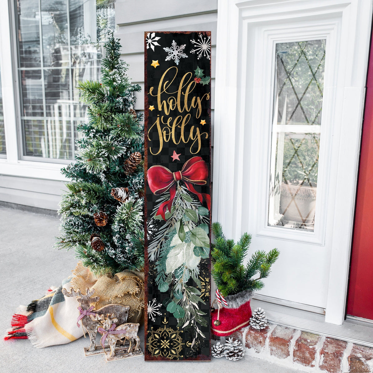 48in Holly Jolly Christmas Porch Sign - Front Porch Christmas Decor Welcome Sign, Rustic Modern Farmhouse Entryway Board