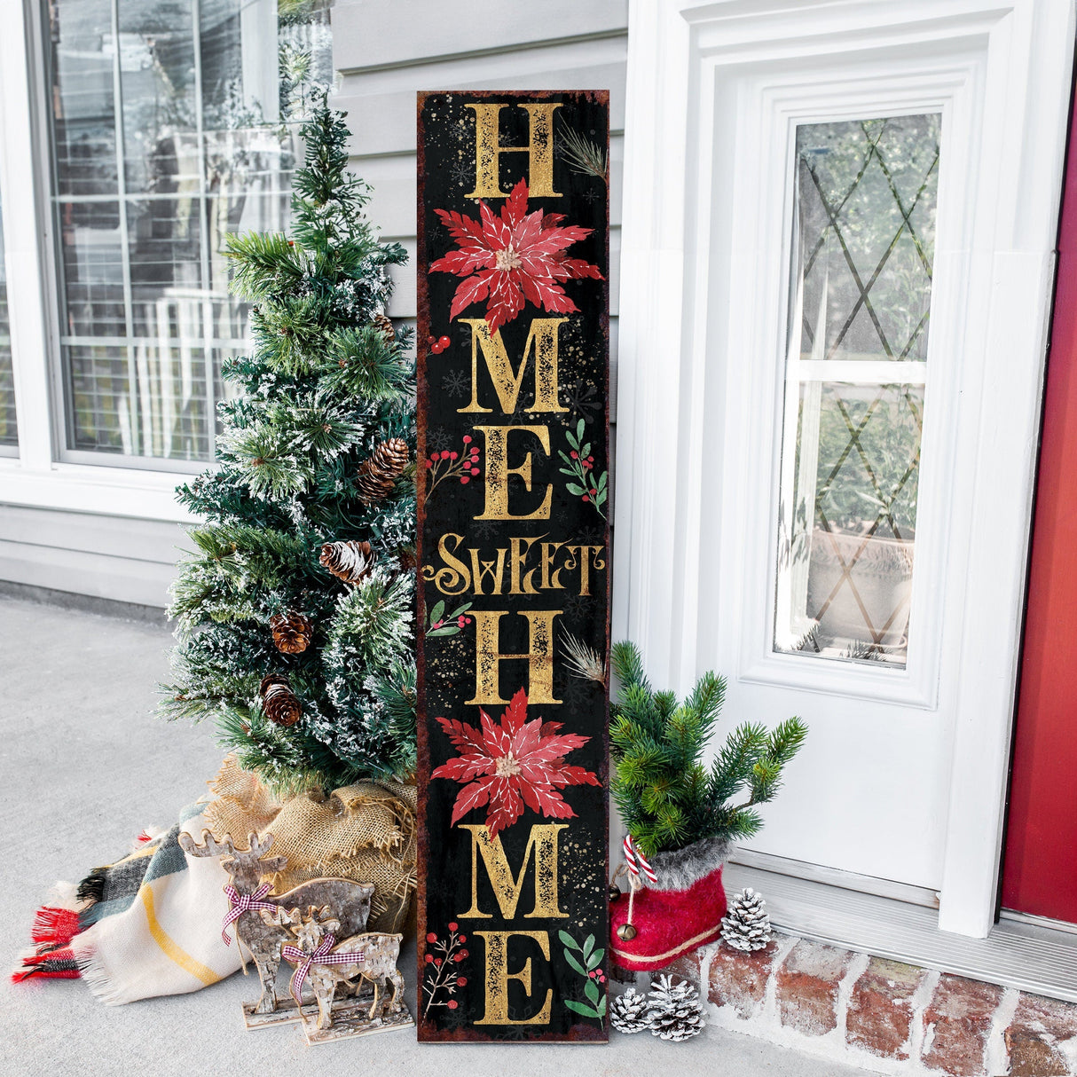 48in "Home Sweet Home" Christmas Porch Sign - Front Porch Christmas Welcome Sign, Rustic Modern Farmhouse Entryway Board