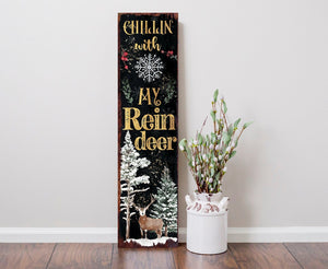 36in "Chillin' with My Reindeer" Christmas Porch Sign - Front Porch Christmas Welcome Sign, Rustic Modern Farmhouse Entryway Board