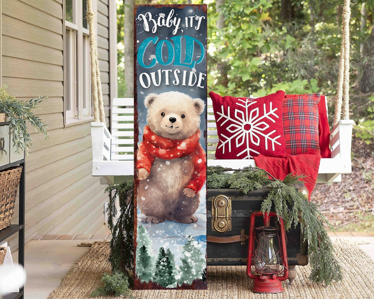 Celebrate Christmas with a 36in Baby Bear Merry Christmas Wooden Porch Sign - Front Porch Welcome & Christmas Wall Decor for Outdoor Indoor