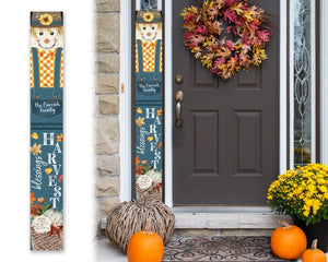 Rustic Farmhouse Welcome Sign - Personalized Text Porch Sign with Harvest Blessings Scarecrow Design - Housewarming Gift Porch Decor