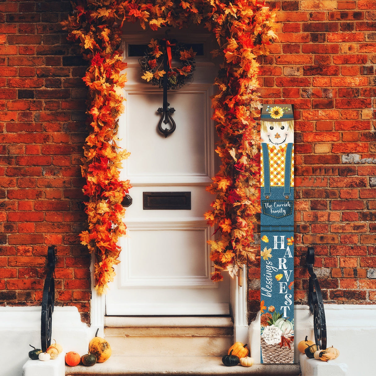 Rustic Farmhouse Welcome Sign - Personalized Text Porch Sign with Harvest Blessings Scarecrow Design - Housewarming Gift Porch Decor