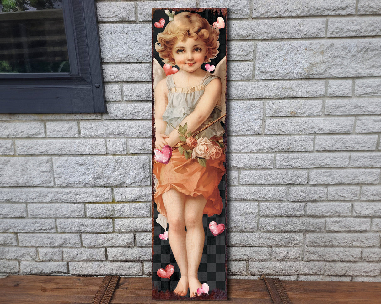 Rustic Modern Farmhouse Entryway Board - 36in Cupid Valentine's Day Porch Sign, Front Porch Valentine's Sign