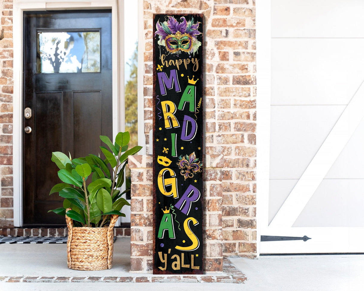 48-Inch 'Mardi Gras Y'all' Porch Sign, Rustic Modern Farmhouse Entryway Board, Front Porch Mardi Gras Welcome Sign