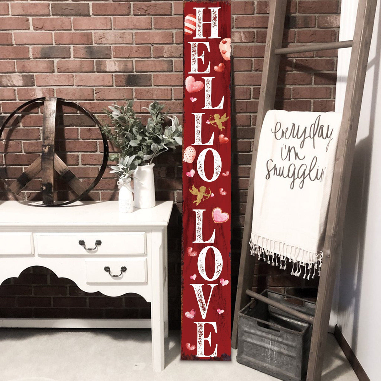 72-Inch 'Hello Love' Valentine's Day Porch Sign, Rustic Modern Farmhouse Entryway Board, Front Porch Valentine's Welcome Sign