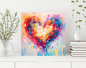 12in Oil Painting Style of a Colorful Heart Valentine__ Day Canvas UV Print Wall Art, Wall Canvas Printing, Living Room Decor | Mantle