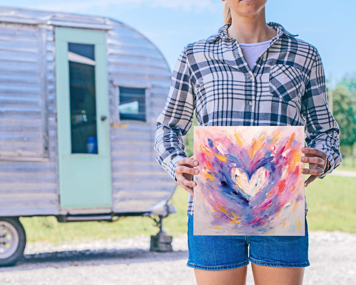 12in Oil Painting Style of a Colorful Heart Valentine__ Day UV Print Wall Art, Wall Canvas, Living Room Decor