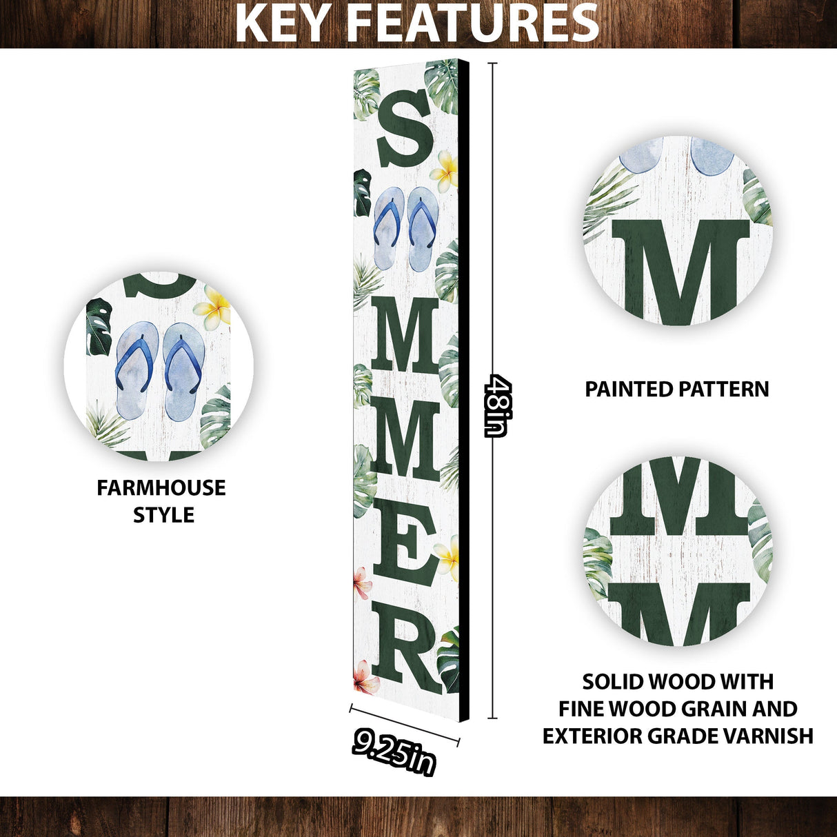 48in Tropical Summer Porch Sign with Palm Leaf & Slippers Pattern for Front Door, Wooden 48-inch Beach-Themed Entryway Decor