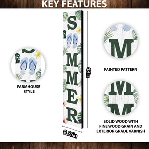48in Tropical Summer Porch Sign with Palm Leaf & Slippers Pattern for Front Door, Wooden 48-inch Beach-Themed Entryway Decor
