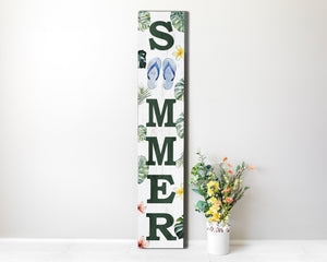 48in Tropical Summer Porch Sign with Palm Leaf & Slippers Pattern for Front Door, Wooden 48-inch Beach-Themed Entryway Decor