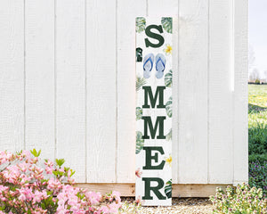 48in Tropical Summer Porch Sign with Palm Leaf & Slippers Pattern for Front Door, Wooden 48-inch Beach-Themed Entryway Decor