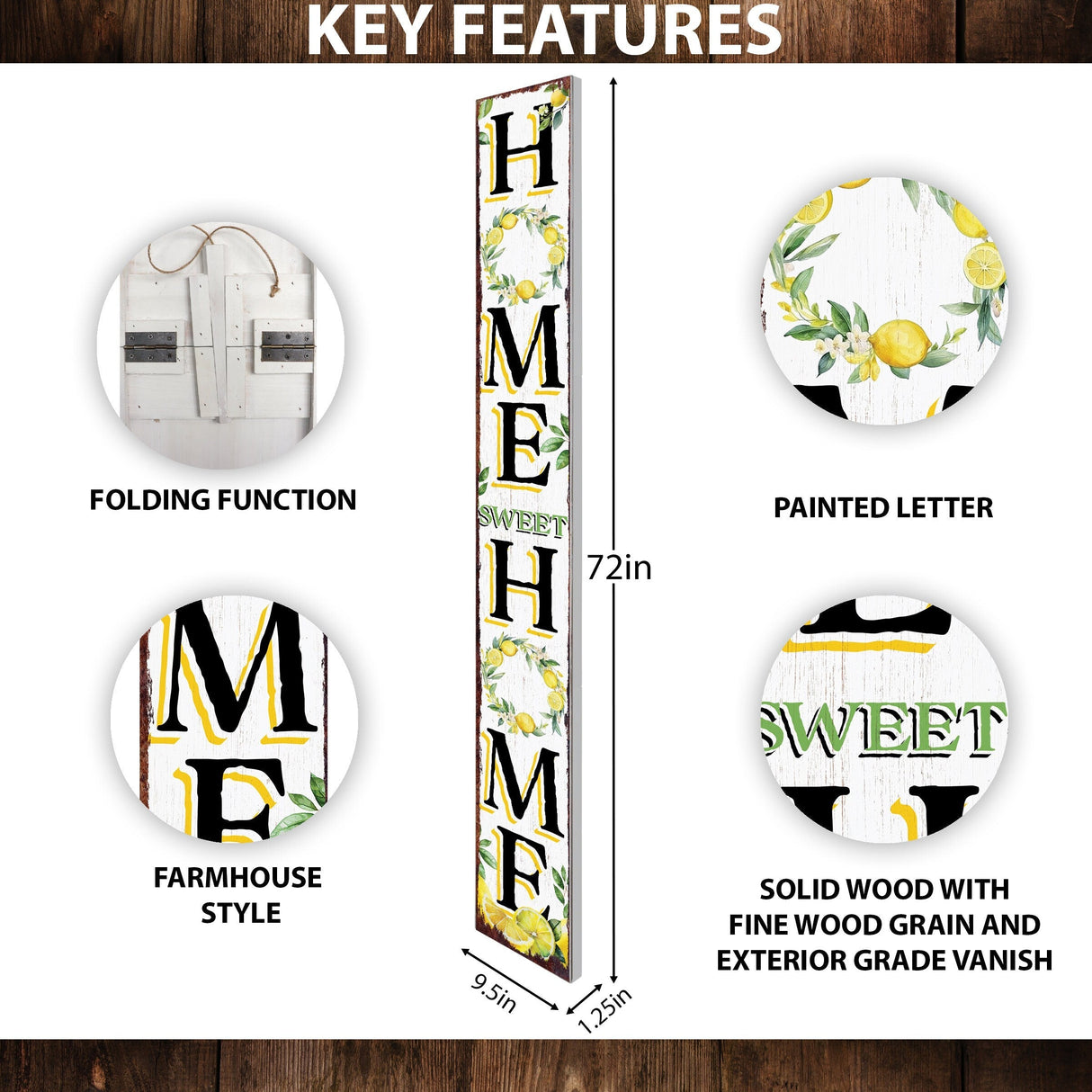 72in Lemon Summer Home Sweet Home Porch Sign | Rustic Wooden Front Door Decor | Outdoor Farmhouse Patio Display Board