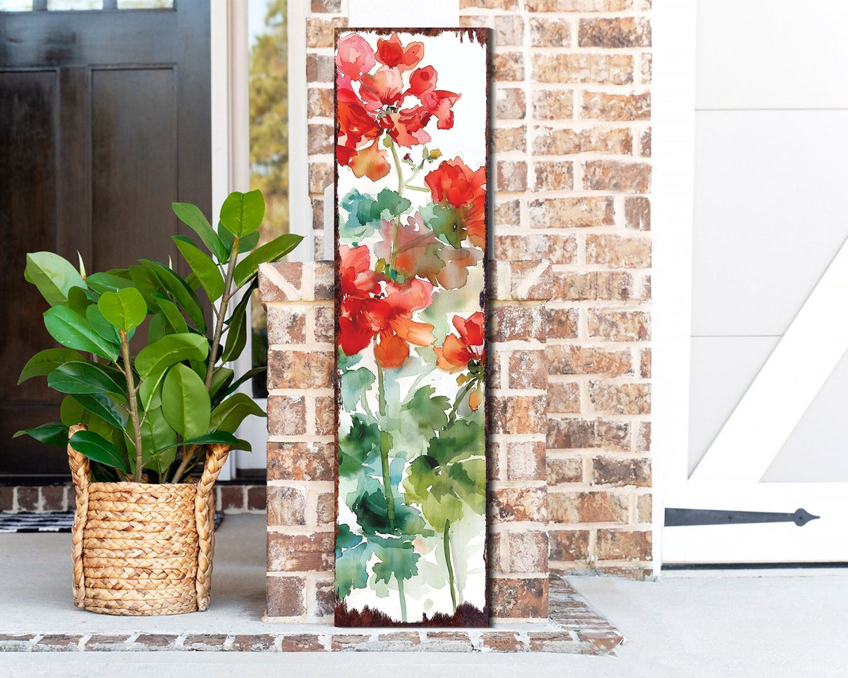 36in Summer Red Geraniums Wooden Porch Sign - Rustic Farmhouse Decor for Door, Wall, Outdoor Entryway Decor