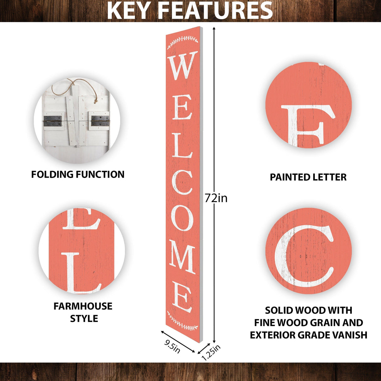 72in Coral Outdoor Welcome Sign | Rustic Sign | Front Door, Entryway Decor | Foldable, Portable | UV Protected & Sealed