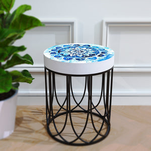 Moroccan Blue Tiles Accent Table _ Farmhouse Style _ Round End Table  Outdoor Side Table 14in Dia 17in High  Wood and Metal Construction