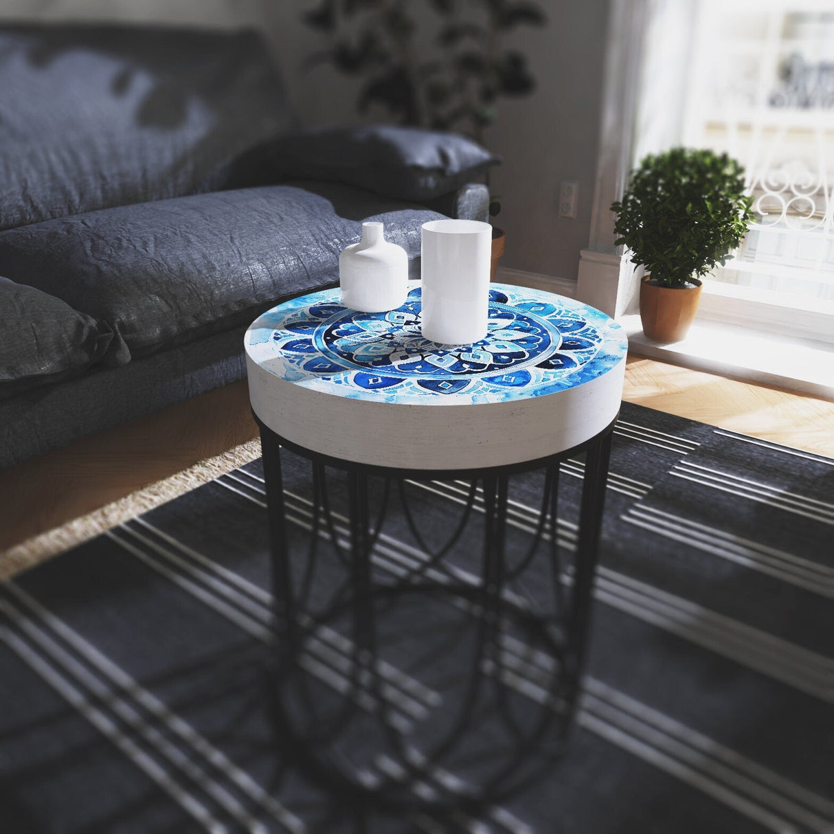 Moroccan Blue Tiles Accent Table _ Farmhouse Style _ Round End Table  Outdoor Side Table 14in Dia 17in High  Wood and Metal Construction