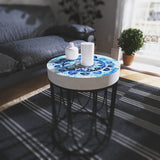 Moroccan Blue Tiles Accent Table _ Farmhouse Style _ Round End Table  Outdoor Side Table 14in Dia 17in High  Wood and Metal Construction