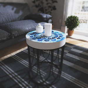 Moroccan Blue Tiles Accent Table _ Farmhouse Style _ Round End Table  Outdoor Side Table 14in Dia 17in High  Wood and Metal Construction