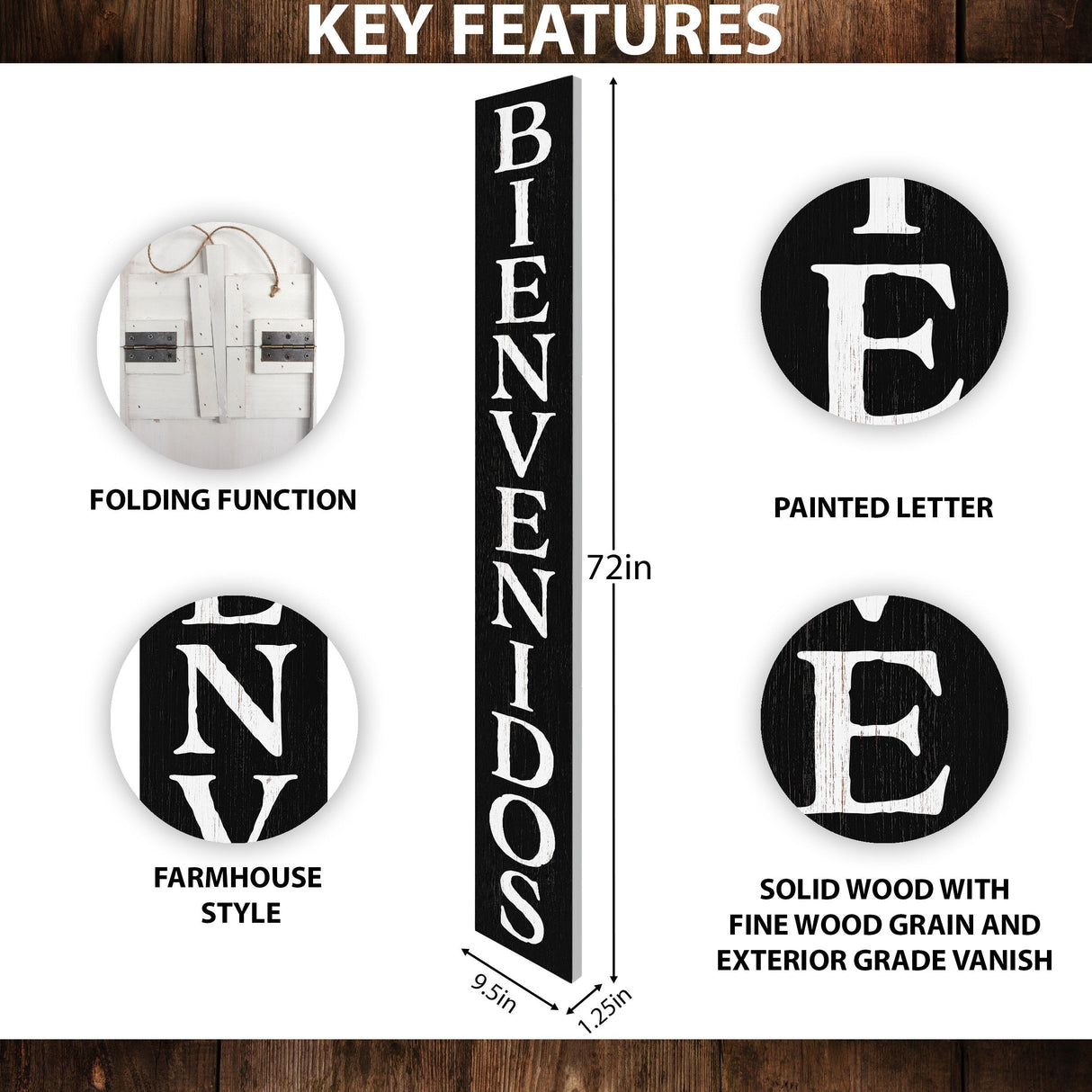 72in Black Bienvenido Porch Sign - UV Protected, Sealed, Foldable, Portable - Perfect for Front Door and Entryway Decor