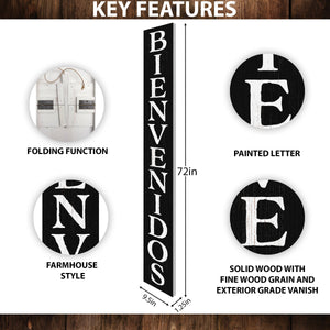 72in Black Bienvenido Porch Sign - UV Protected, Sealed, Foldable, Portable - Perfect for Front Door and Entryway Decor