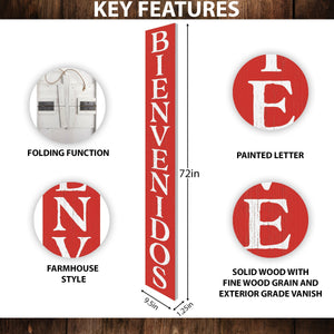 72in Red Bienvenido Porch Sign - UV Protected, Sealed, Foldable, Portable - Perfect for Front Door and Entryway Decor