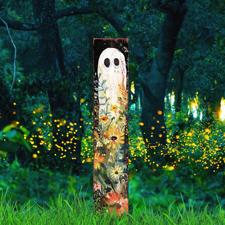 42-Inch Halloween Watercolor Ghost & Wildflower Garden Stake