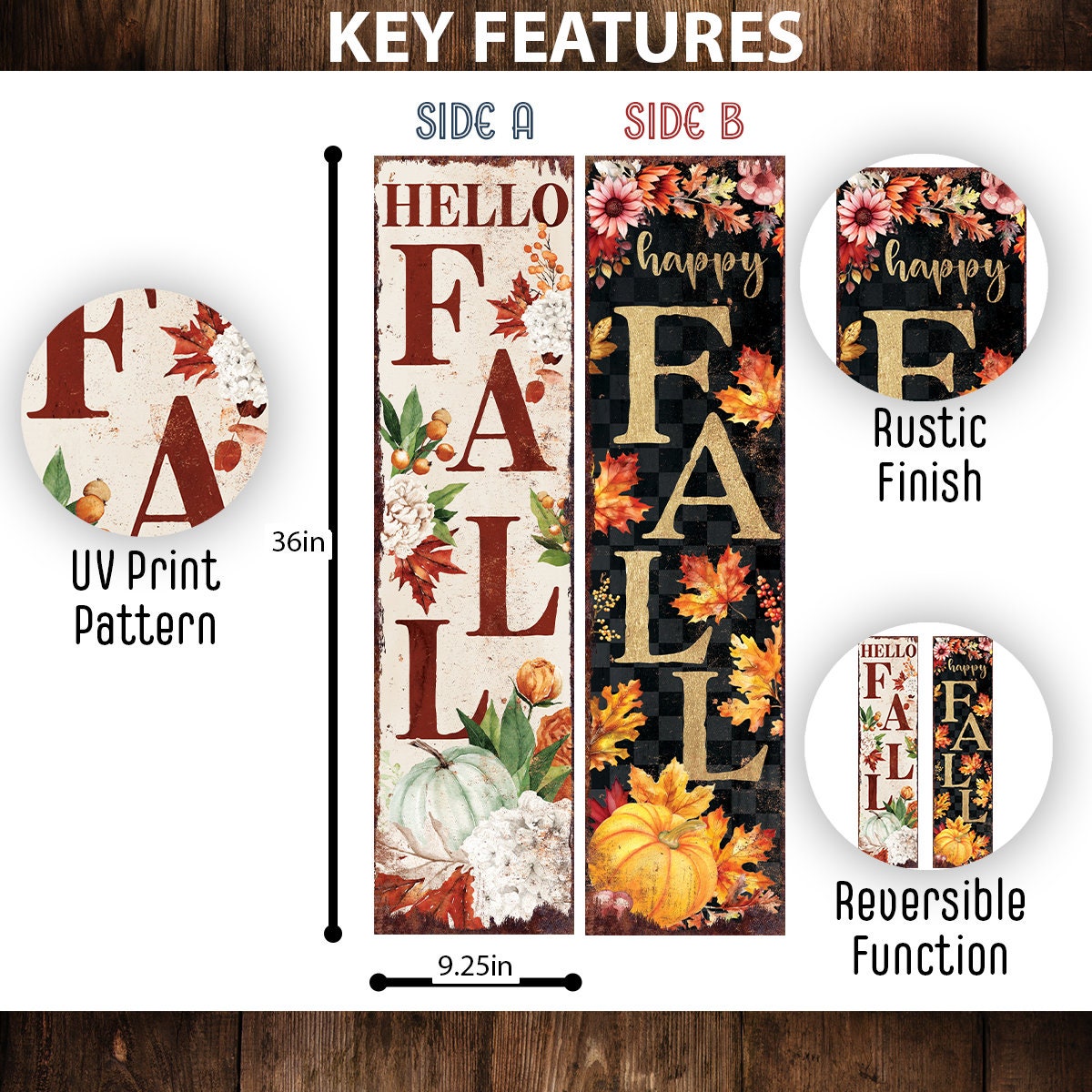 Reversible 36-Inch Rustic Autumn Porch Sign