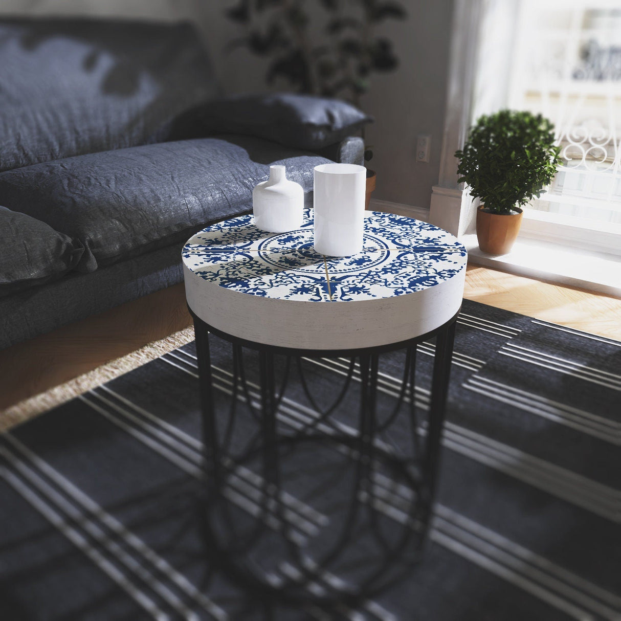 Moroccan Geometric Blue Tiles Accent Table