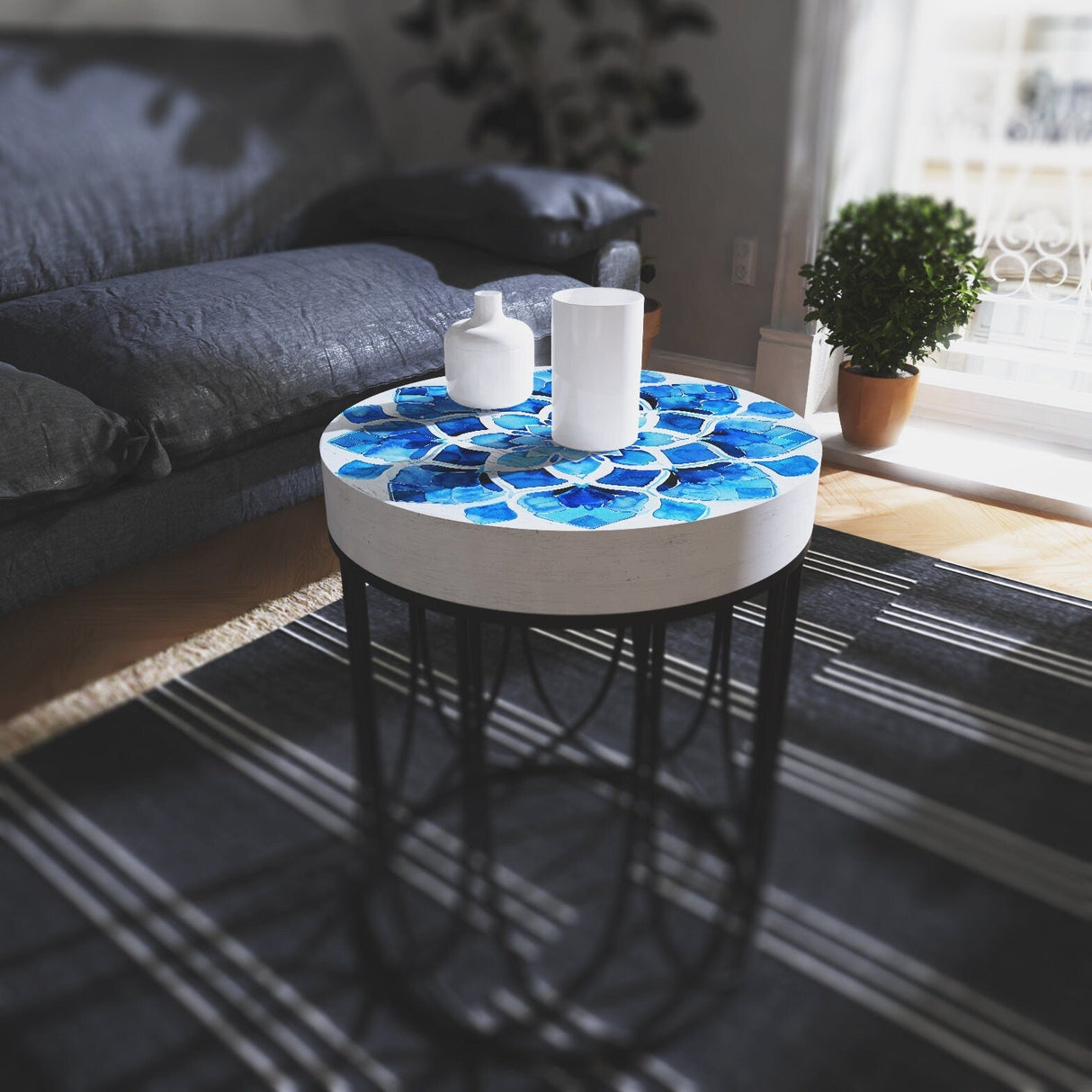 Moroccan Blue Floral Tiles Accent Table
