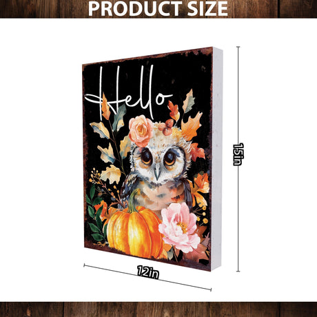 15in Hello Fall Owl Table Decor | Fall Wooden Tabletop Sign | Farmhouse Harvest Holiday Indoor Decor