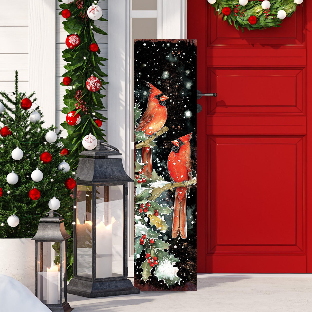 48in Christmas Porch Sign Cardinals -  Christmas Entryway Decor |  Holiday Decoration | Front Porch Christmas Plaque | UV Print | 48x12in