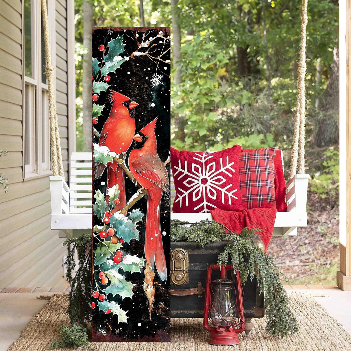 48in Christmas Porch Sign Cardinals -  Front Porch Christmas Plaque | Christmas Entryway Decor |  Holiday Decoration |  UV Print | 48x12in