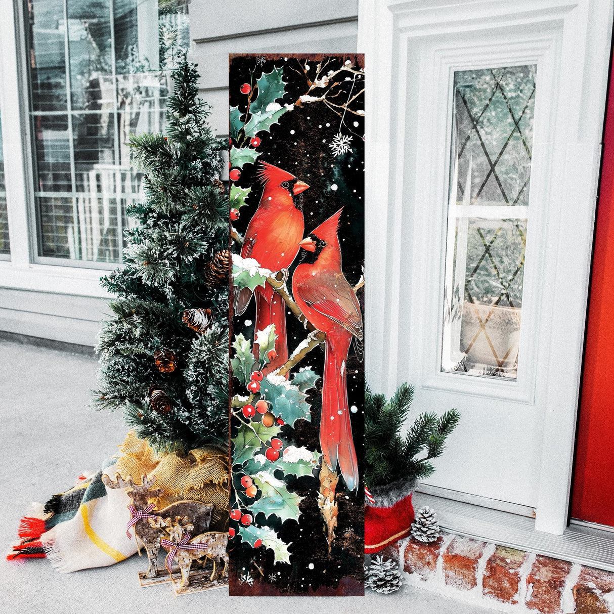 48in Christmas Porch Sign Cardinals -  Front Porch Christmas Plaque | Christmas Entryway Decor |  Holiday Decoration |  UV Print | 48x12in