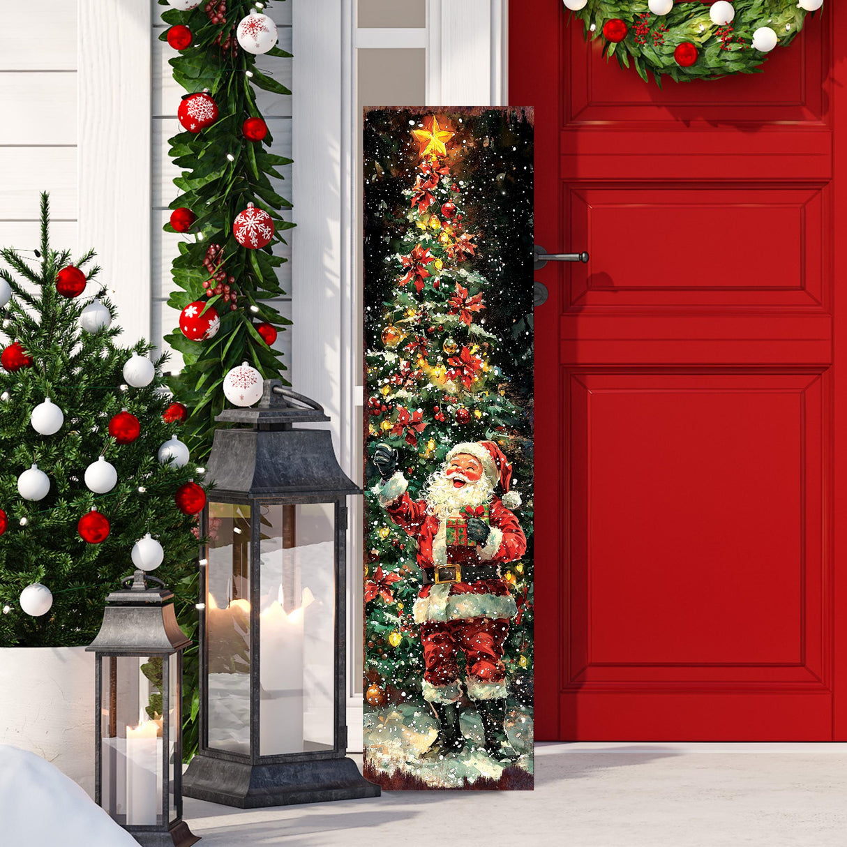 48in Santa Christmas Porch Sign - Front Porch Christmas Plaque |  Holiday Decoration | Winter Entryway Decor | Wood, UV Print | 48x12in