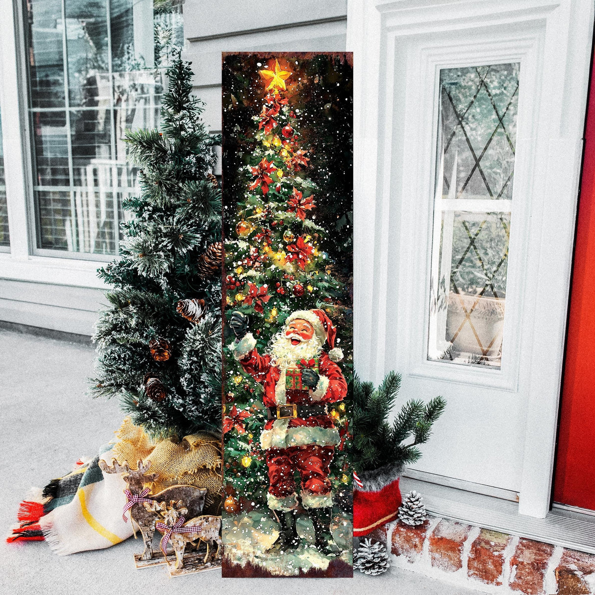 48in Santa Christmas Porch Sign - Front Porch Christmas Plaque |  Holiday Decoration | Winter Entryway Decor | Wood, UV Print | 48x12in
