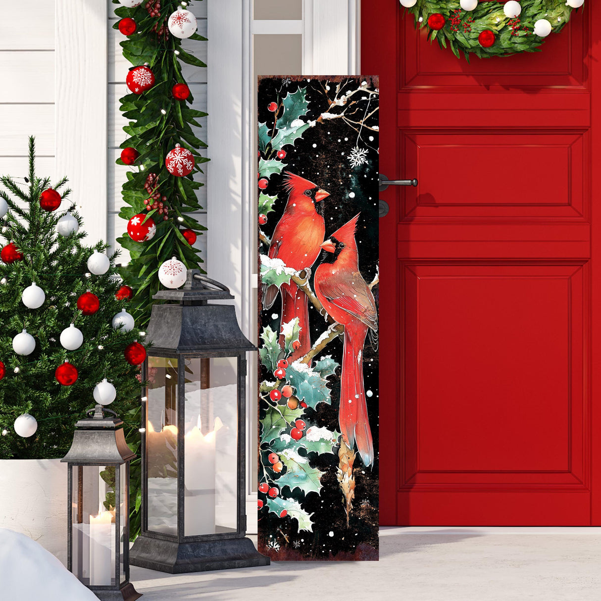 48in Christmas Porch Sign Cardinals -  Front Porch Christmas Plaque | Christmas Entryway Decor |  Holiday Decoration |  UV Print | 48x12in
