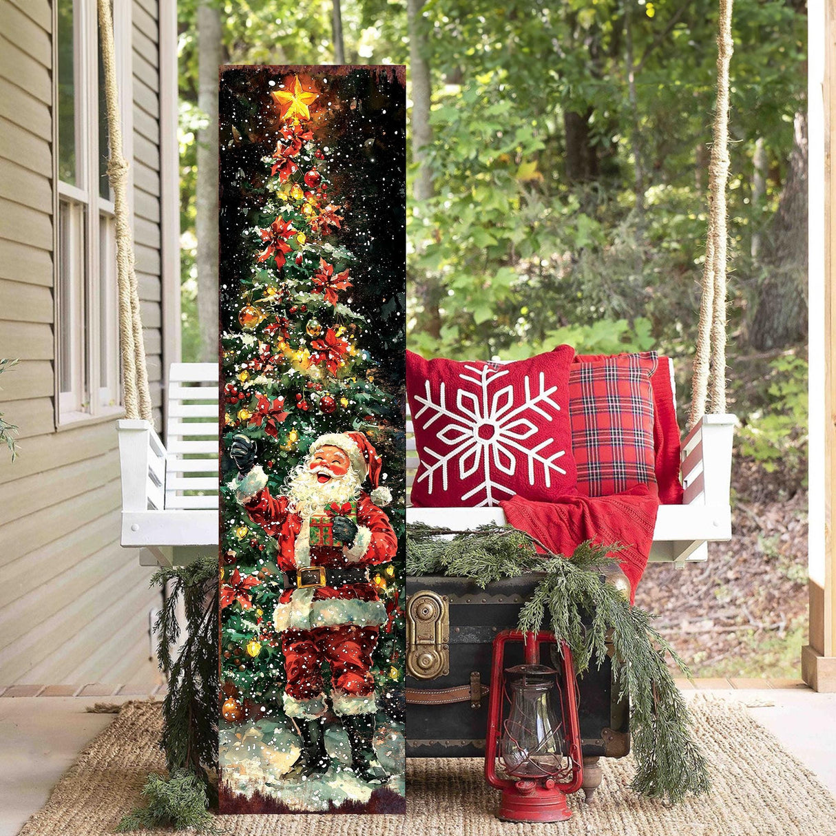 48in Santa Christmas Porch Sign - Front Porch Christmas Plaque |  Holiday Decoration | Winter Entryway Decor | Wood, UV Print | 48x12in
