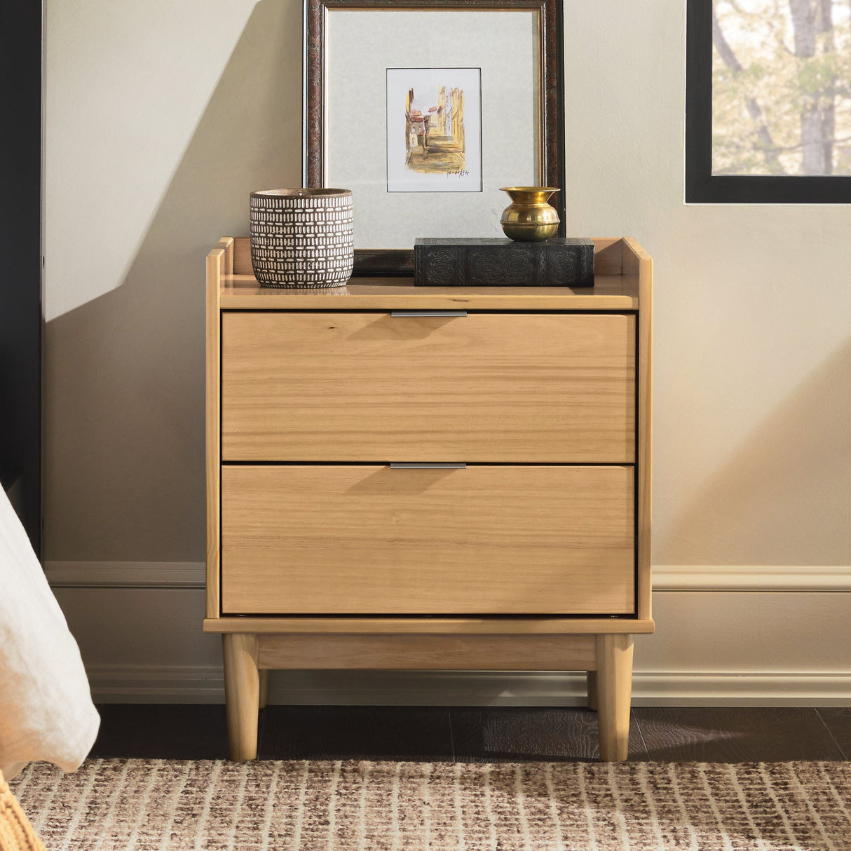 Illuminated Solid Wood Nightstand with 2 Drawers - Nightstands