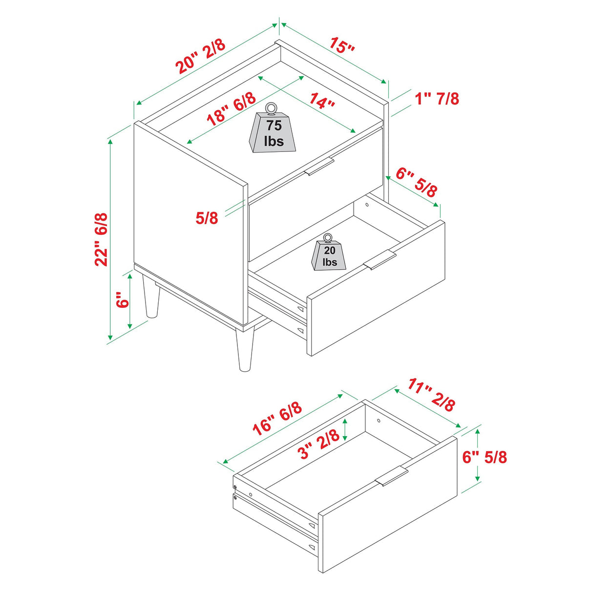 Illuminated Solid Wood Nightstand with 2 Drawers - Nightstands