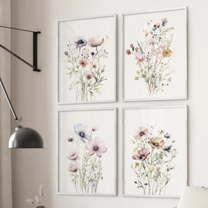 Neutral Floral Wall Art Set of 4. Watercolor Botanical Prints