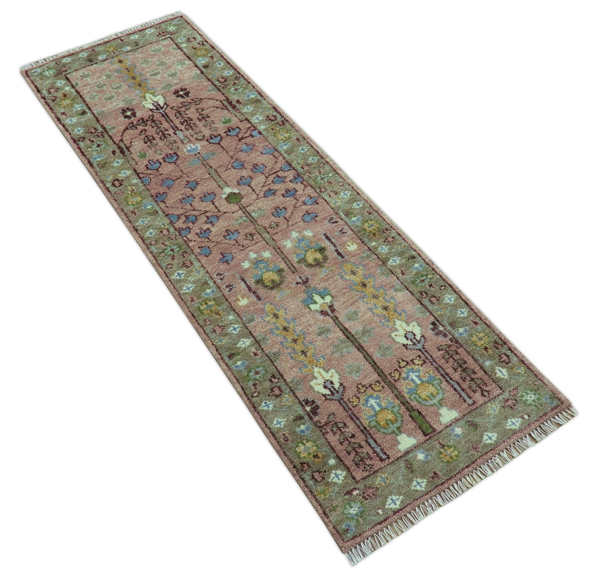 In stock 3x9 Tree of life Pink And Olive Hand Knotted Wool Rug