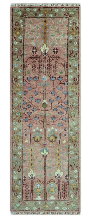 In stock 3x9 Tree of life Pink And Olive Hand Knotted Wool Rug