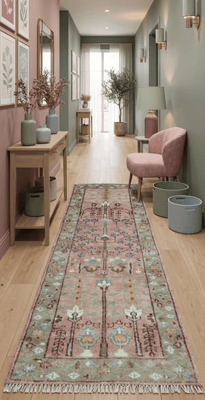 In stock 3x9 Tree of life Pink And Olive Hand Knotted Wool Rug