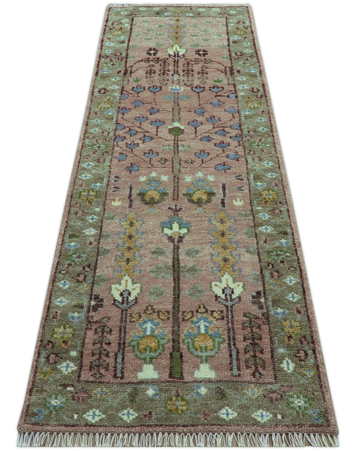 In stock 3x9 Tree of life Pink And Olive Hand Knotted Wool Rug