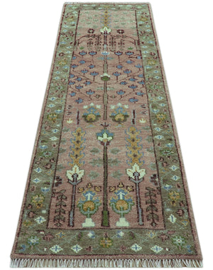 In stock 3x9 Tree of life Pink And Olive Hand Knotted Wool Rug